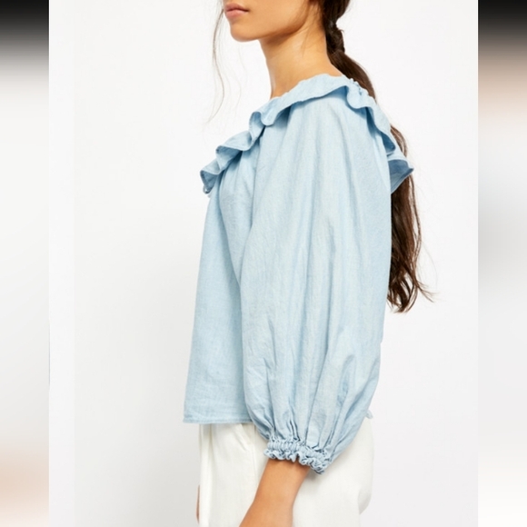 Free People Lily Of The Valley Chambray Ruffled Blouse M - Picture 3 of 14